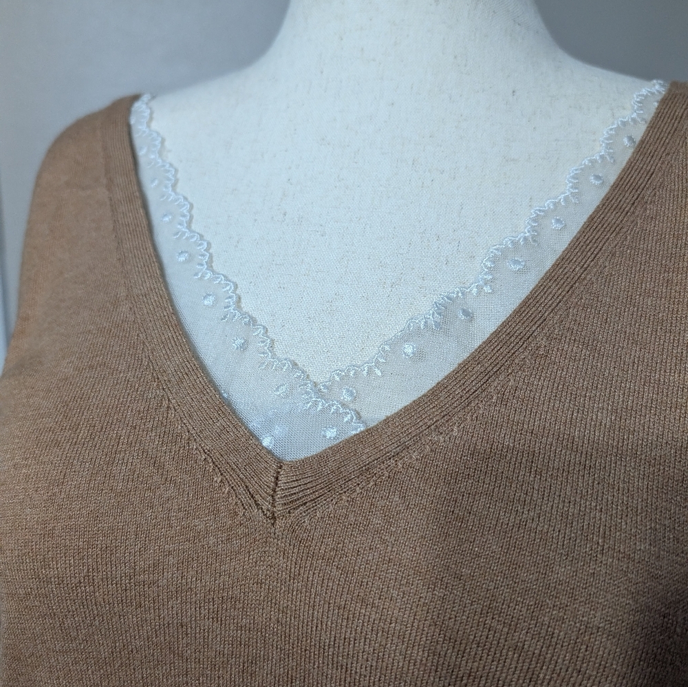 3/$30 Ann Taylor Tan Lace Trimmed V Neck Sweater - Picture 2 of 7